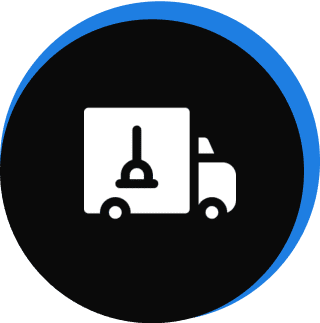 Icon of a delivery truck with a broom symbol inside a blue circle.