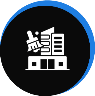 Icon of a factory with a broom symbolizing cleaning or maintenance.